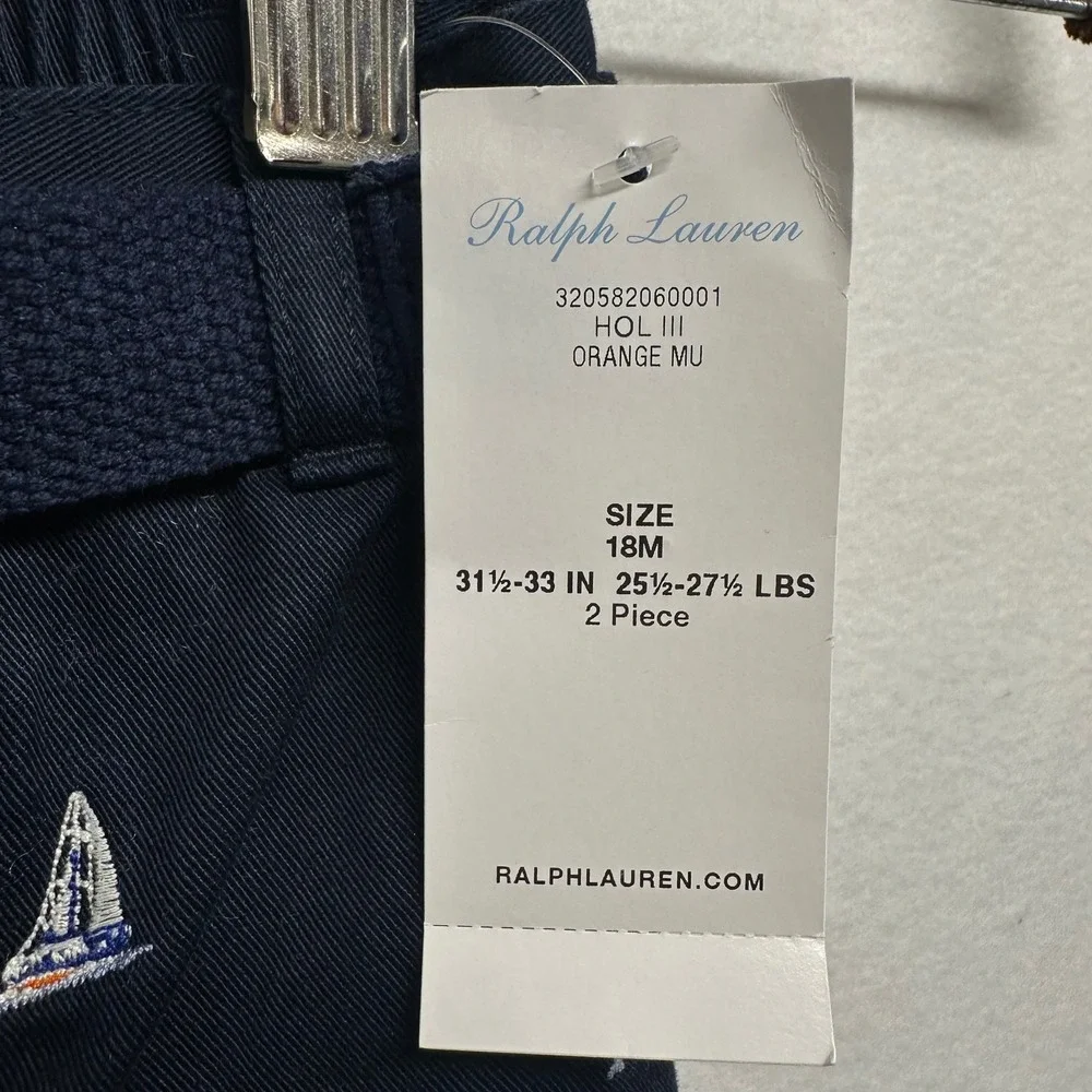 Ralph Lauren Chino Pants Kids 18M Navy Blue Sailboat Embroidered Belted